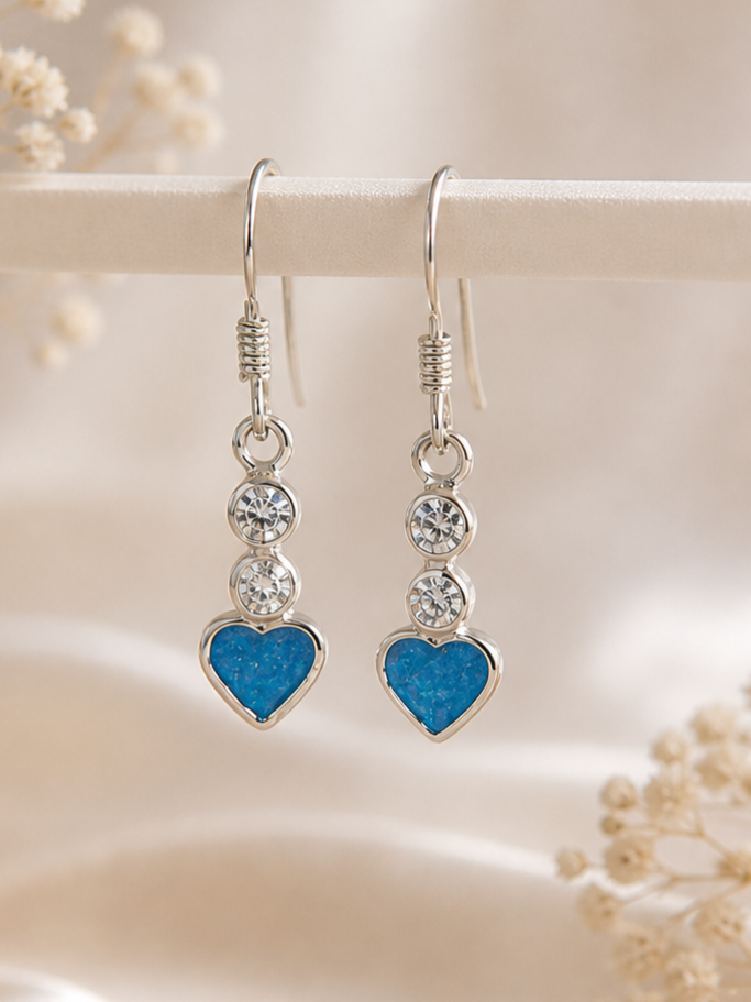 Heart Ashes Drop Earrings with cz stones – Sterling Silver Hooks