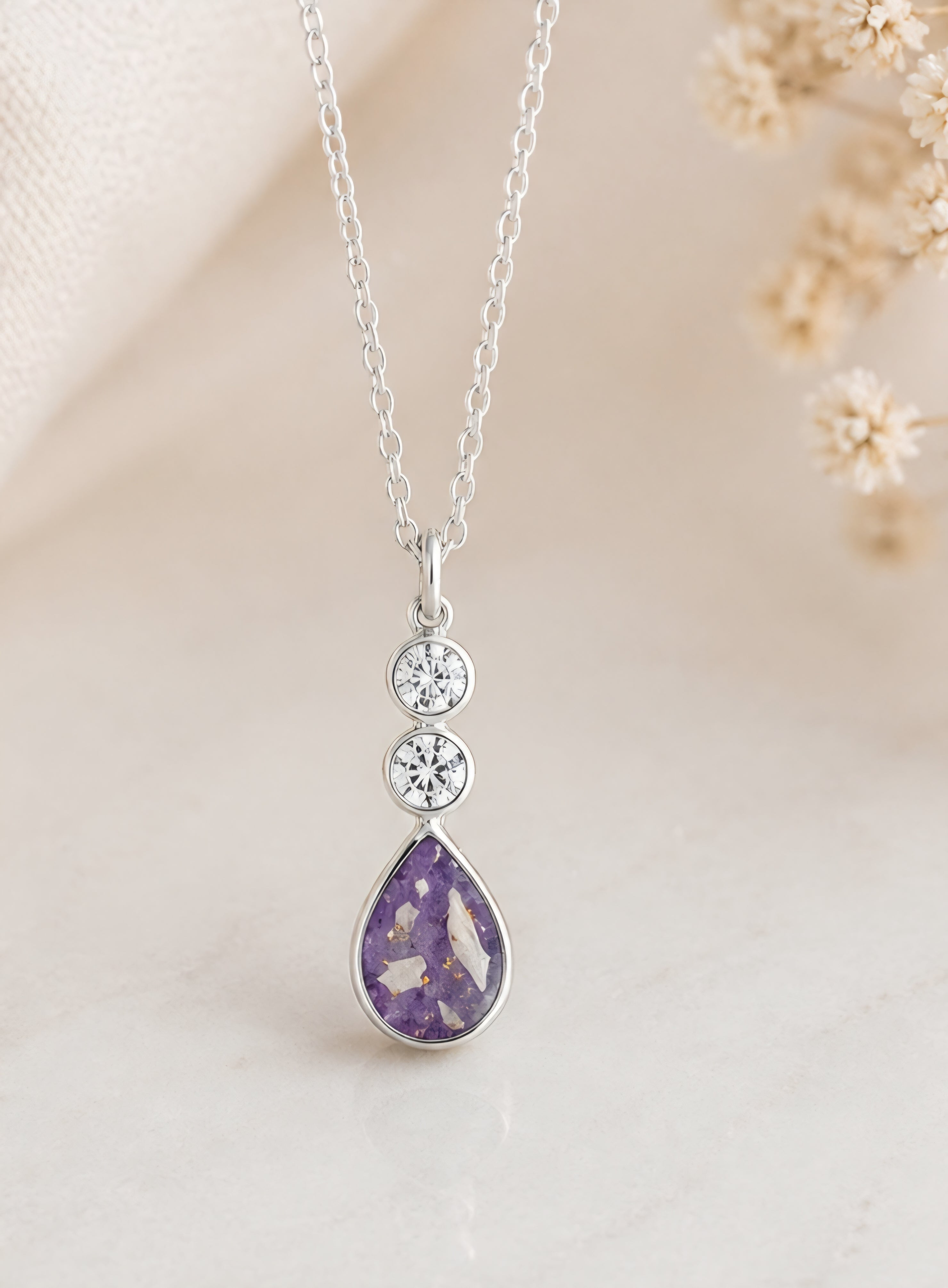 Teardrop Memorial Ashes Necklace with cz stones – Sterling Silver (Chain Not Included)